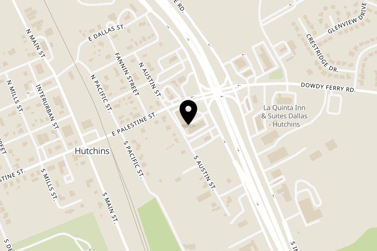 Map showing the location of Pete's Cafe Hutchins on 101 I-45 Ste 1 in Hutchins